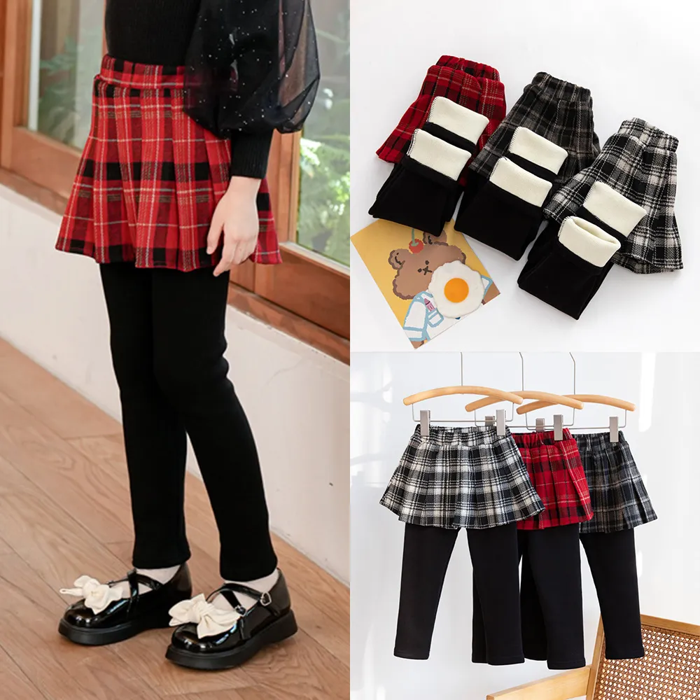 100-150 ファッション 裏起毛 秋冬 子供服 キッズ ジュニア 女の子 チェック柄 レイヤード ボトムス スカッツ レギンス