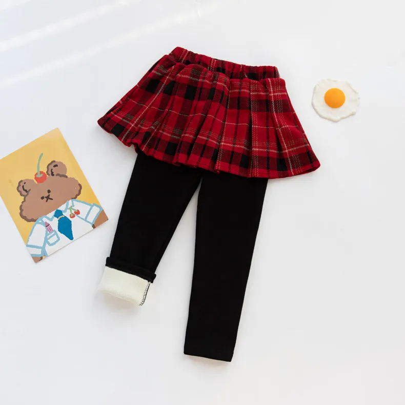 100-150 ファッション 裏起毛 秋冬 子供服 キッズ ジュニア 女の子 チェック柄 レイヤード ボトムス スカッツ レギンス
