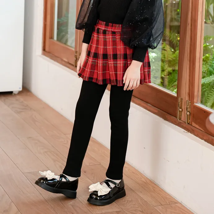 100-150 ファッション 裏起毛 秋冬 子供服 キッズ ジュニア 女の子 チェック柄 レイヤード ボトムス スカッツ レギンス