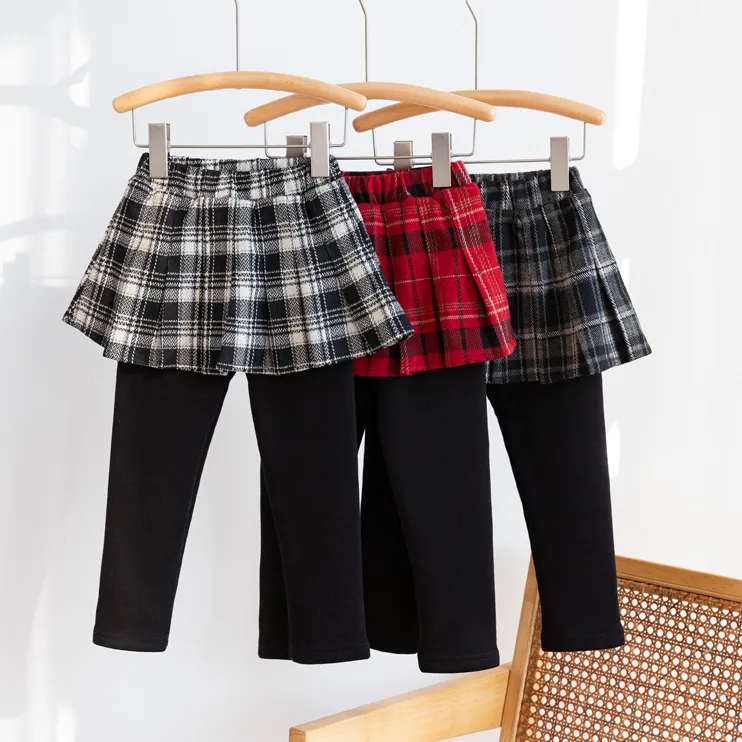 100-150 ファッション 裏起毛 秋冬 子供服 キッズ ジュニア 女の子 チェック柄 レイヤード ボトムス スカッツ レギンス