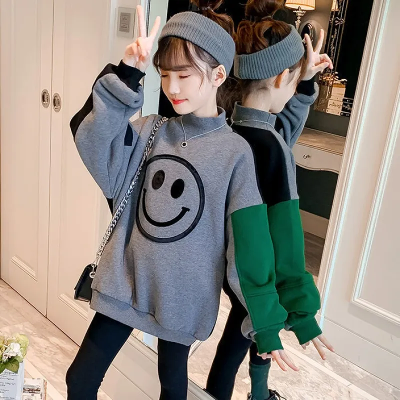 110-160 韓国 秋 冬 裏起毛 子供服 キッズ ジュニア 女の子 笑顔柄 配色 切り替え ハーフネック トップス トレーナー スウェット
