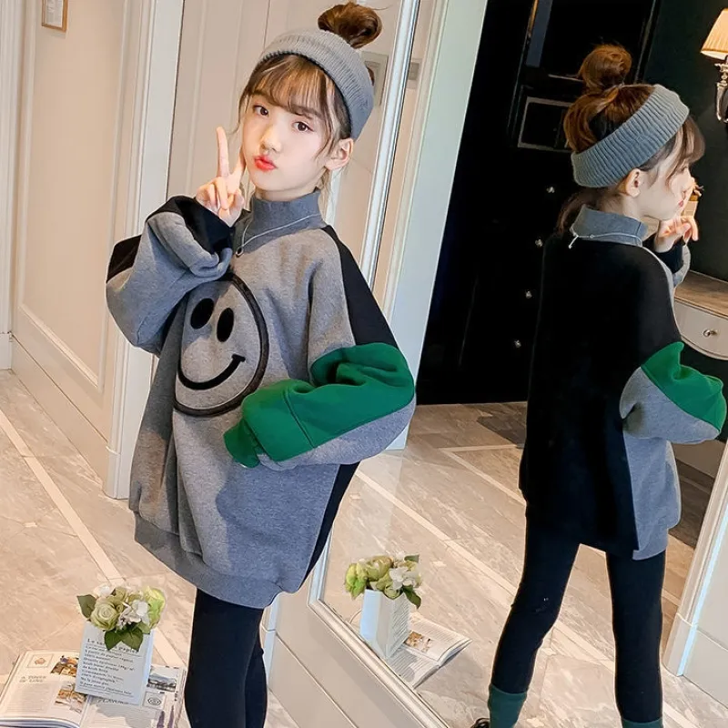110-160 韓国 秋 冬 裏起毛 子供服 キッズ ジュニア 女の子 笑顔柄 配色 切り替え ハーフネック トップス トレーナー スウェット