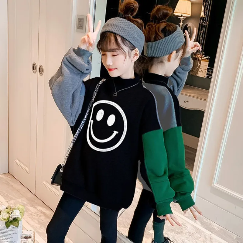 110-160 韓国 秋 冬 裏起毛 子供服 キッズ ジュニア 女の子 笑顔柄 配色 切り替え ハーフネック トップス トレーナー スウェット