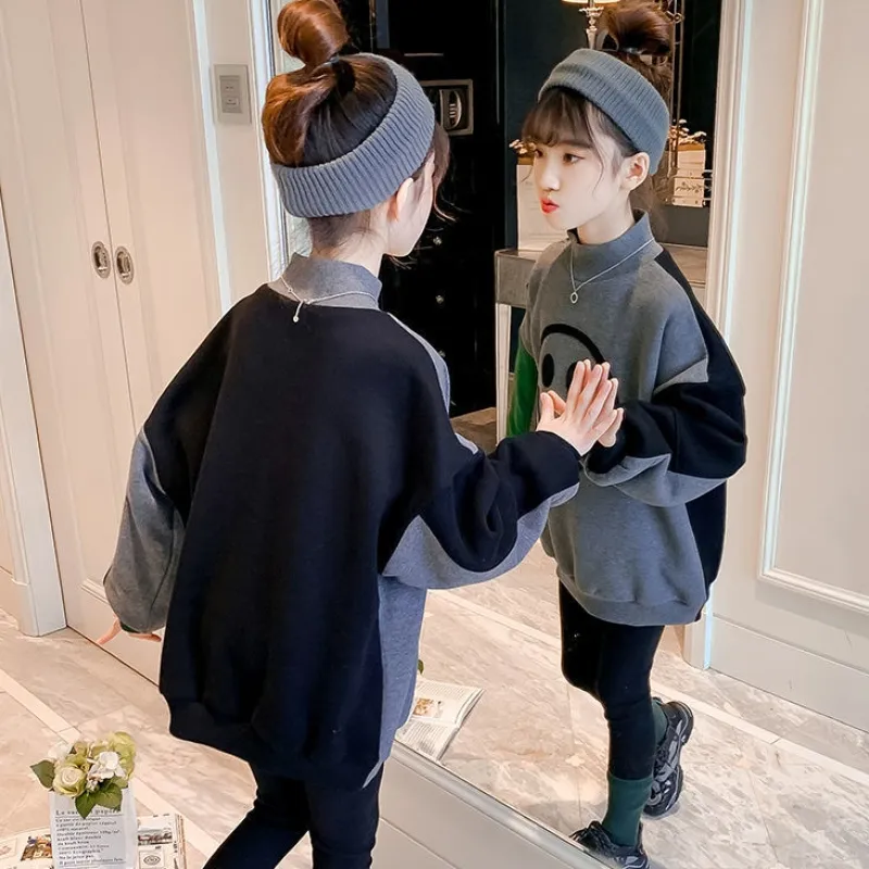 110-160 韓国 秋 冬 裏起毛 子供服 キッズ ジュニア 女の子 笑顔柄 配色 切り替え ハーフネック トップス トレーナー スウェット