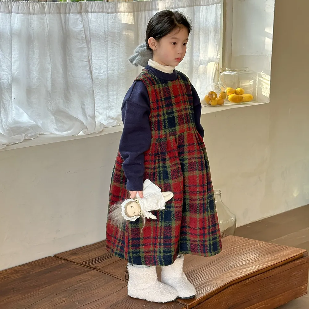 100-150 韓国ファッション ラシャ 厚手 秋冬 子供服 キッズ ジュニア 女の子 チェック柄 ノースリーブ 中長 ワンピース