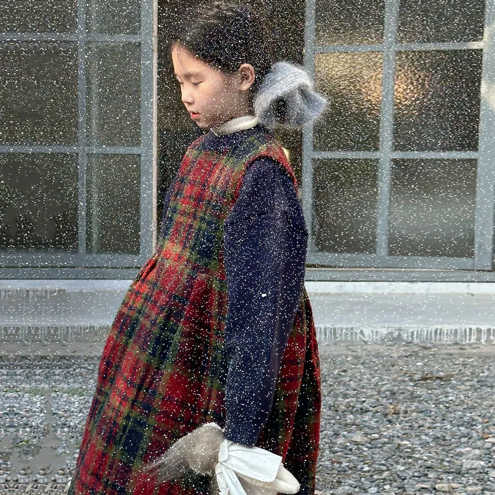 100-150 韓国ファッション ラシャ 厚手 秋冬 子供服 キッズ ジュニア 女の子 チェック柄 ノースリーブ 中長 ワンピース