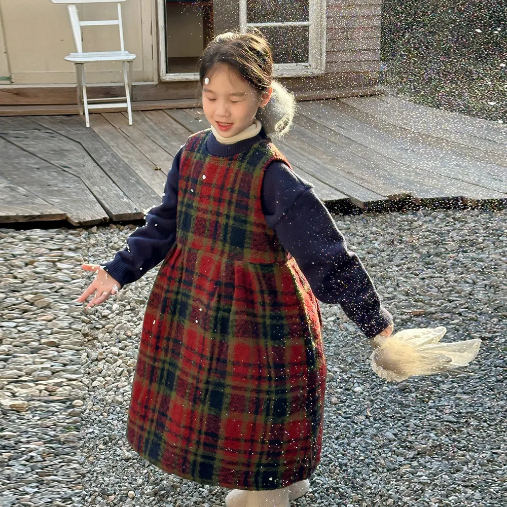 100-150 韓国ファッション ラシャ 厚手 秋冬 子供服 キッズ ジュニア 女の子 チェック柄 ノースリーブ 中長 ワンピース