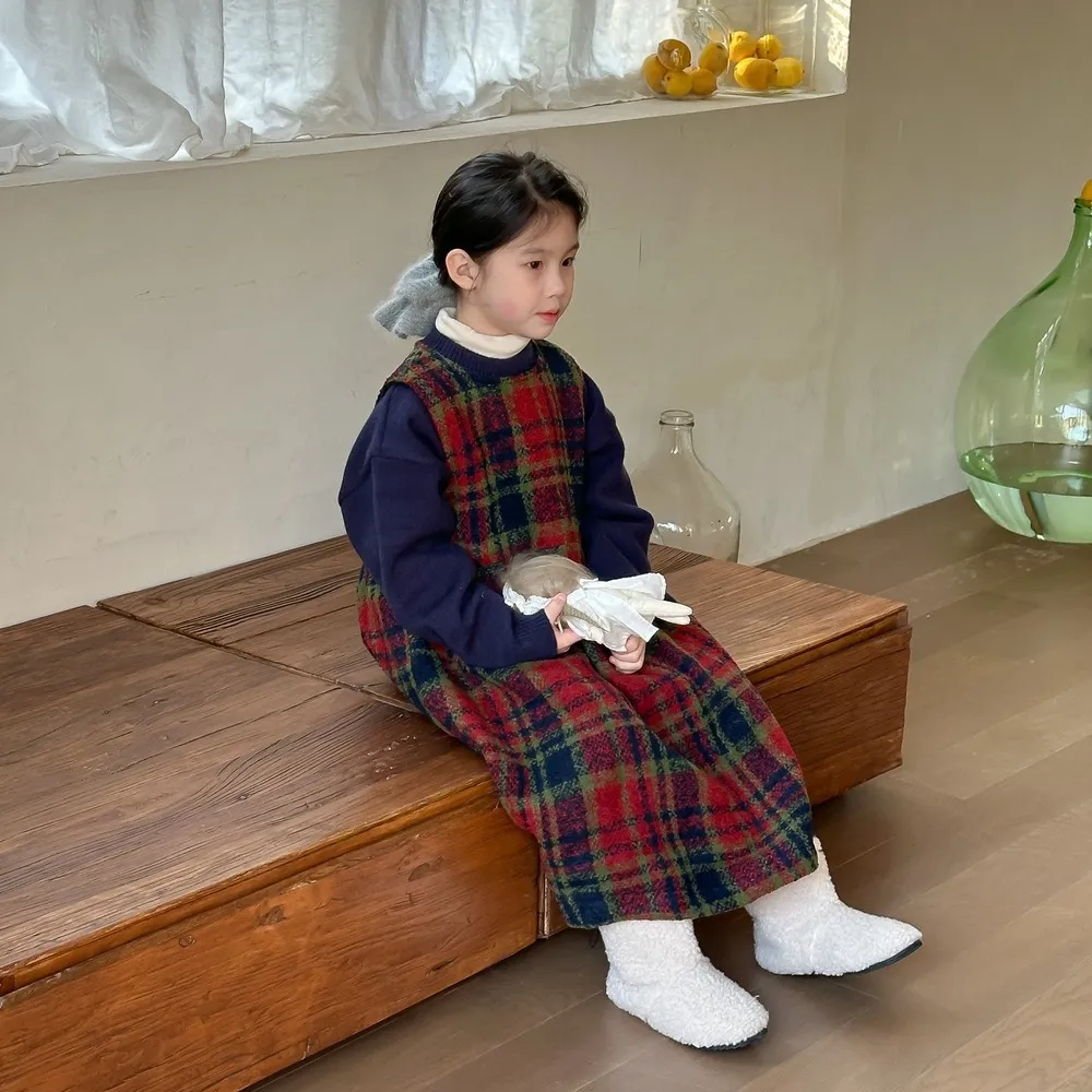 100-150 韓国ファッション ラシャ 厚手 秋冬 子供服 キッズ ジュニア 女の子 チェック柄 ノースリーブ 中長 ワンピース