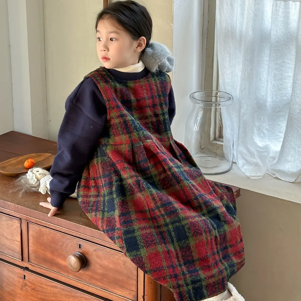 100-150 韓国ファッション ラシャ 厚手 秋冬 子供服 キッズ ジュニア 女の子 チェック柄 ノースリーブ 中長 ワンピース