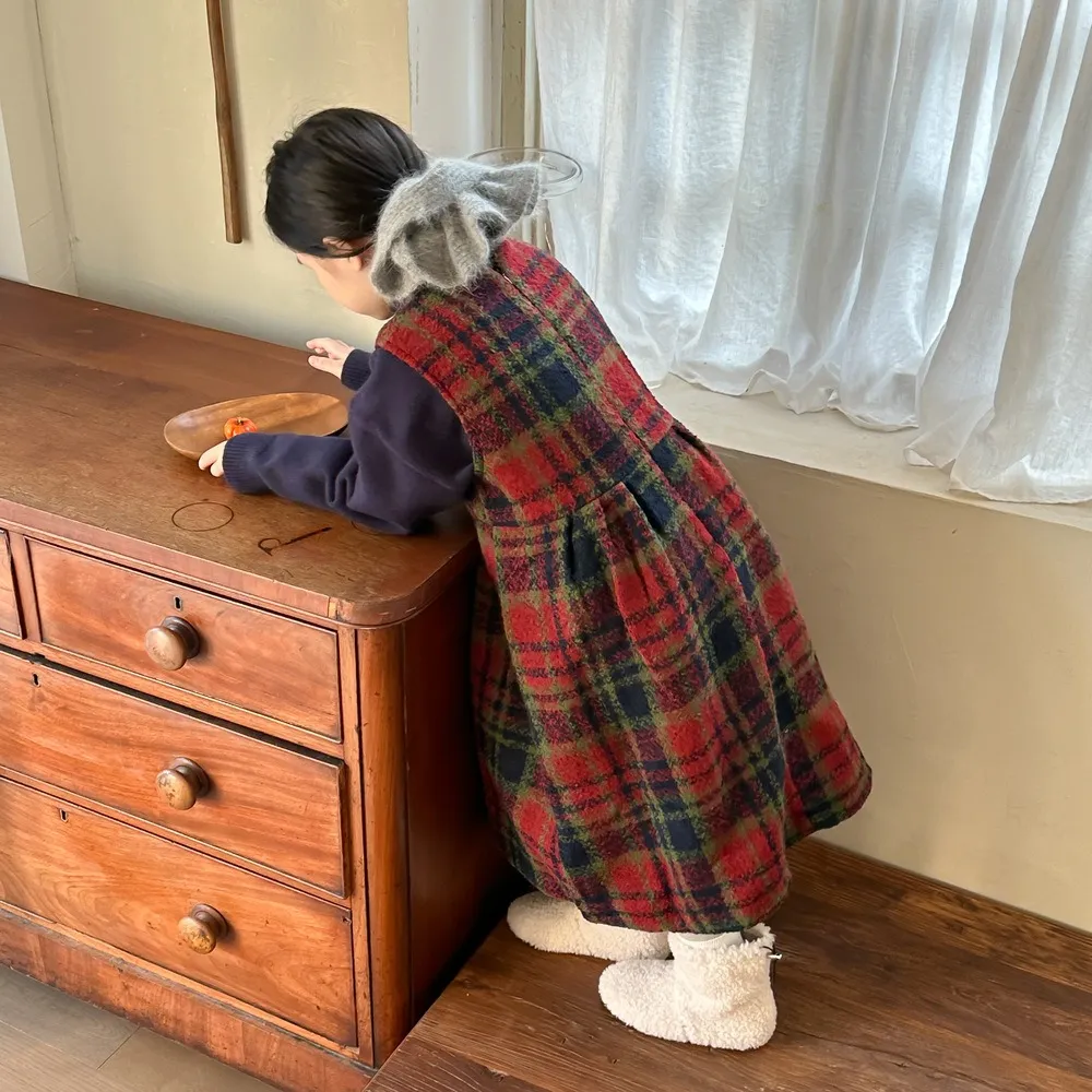 100-150 韓国ファッション ラシャ 厚手 秋冬 子供服 キッズ ジュニア 女の子 チェック柄 ノースリーブ 中長 ワンピース