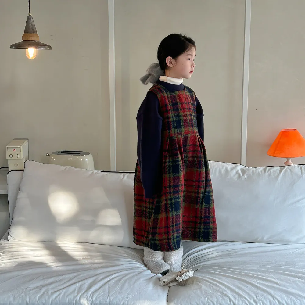 100-150 韓国ファッション ラシャ 厚手 秋冬 子供服 キッズ ジュニア 女の子 チェック柄 ノースリーブ 中長 ワンピース