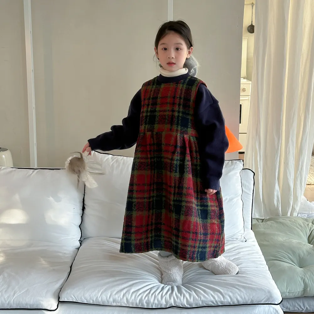 100-150 韓国ファッション ラシャ 厚手 秋冬 子供服 キッズ ジュニア 女の子 チェック柄 ノースリーブ 中長 ワンピース
