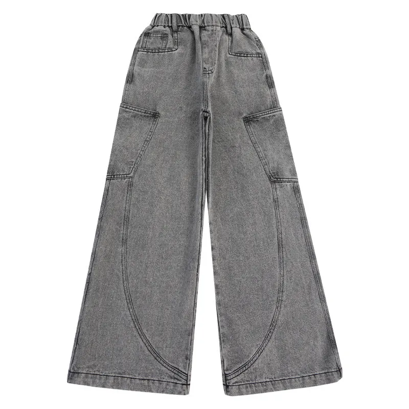 120-170 ファッション感満々 デニム 薄手/裏起毛 春秋冬 子供服 キッズ ジュニア 女の子 無地 ボトムス ワイドパンツ