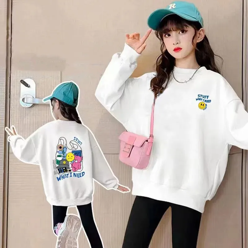 110-160 ゆったり カートゥーン 薄手/裏起毛 春秋冬 子供服 キッズ ジュニア 女の子 前後プリント トップス トレーナー スウェット