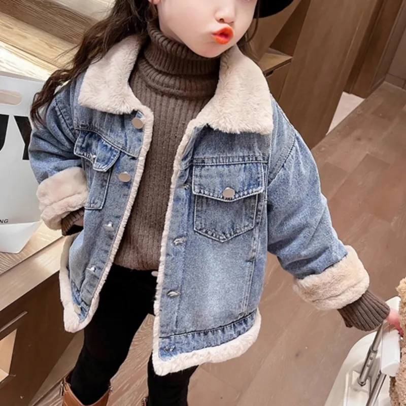 110-160 韓国ファッション ふわふわ 裏起毛 冬 子供服 キッズ ジュニア 女の子 折り襟 シングルブレスト デニム アウター