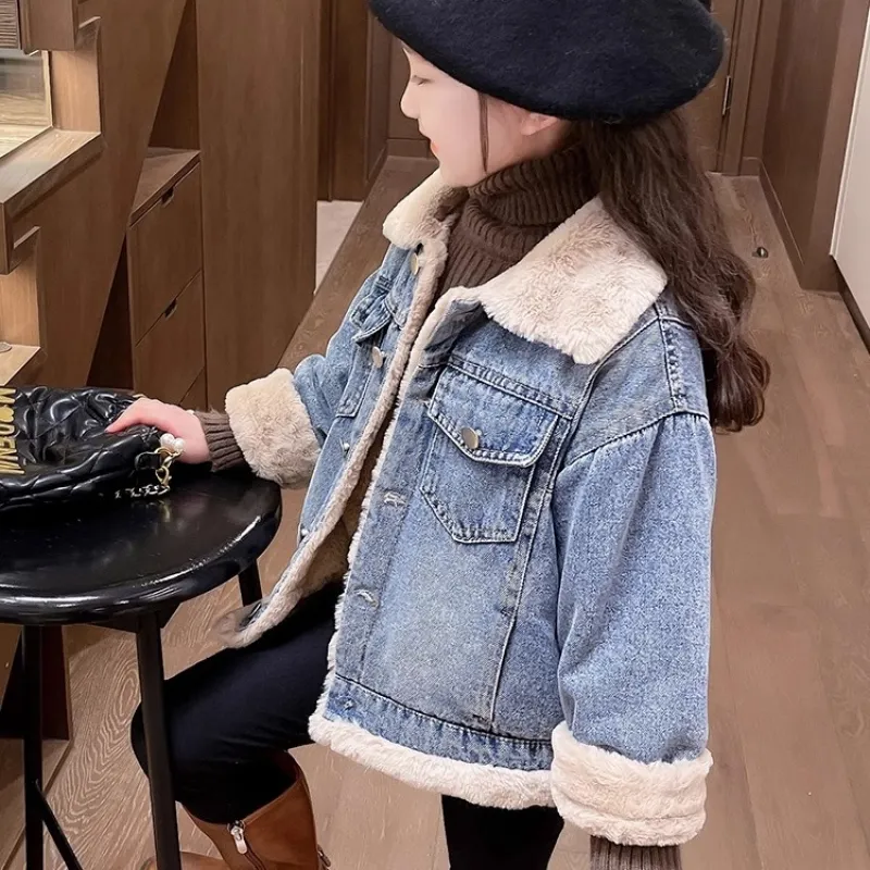 110-160 韓国ファッション ふわふわ 裏起毛 冬 子供服 キッズ ジュニア 女の子 折り襟 シングルブレスト デニム アウター