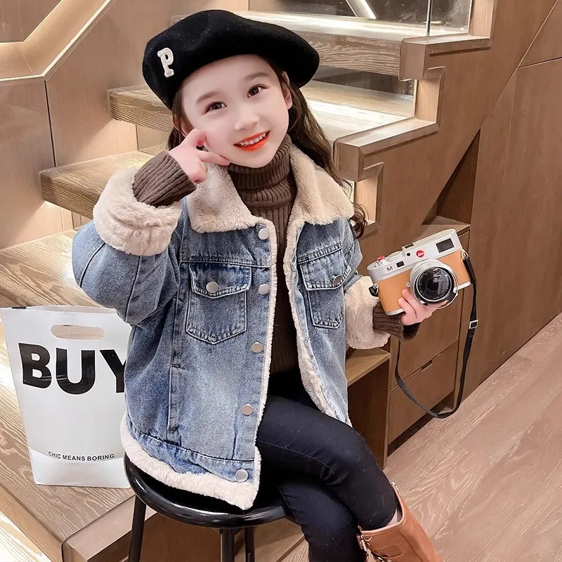 110-160 韓国ファッション ふわふわ 裏起毛 冬 子供服 キッズ ジュニア 女の子 折り襟 シングルブレスト デニム アウター