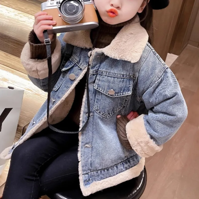 110-160 韓国ファッション ふわふわ 裏起毛 冬 子供服 キッズ ジュニア 女の子 折り襟 シングルブレスト デニム アウター
