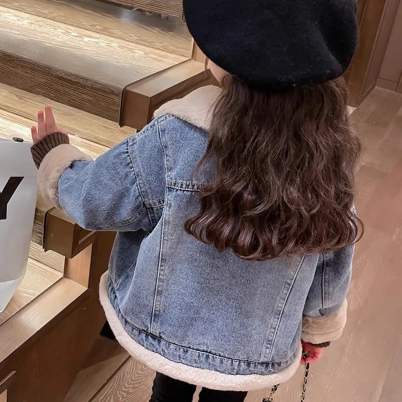 110-160 韓国ファッション ふわふわ 裏起毛 冬 子供服 キッズ ジュニア 女の子 折り襟 シングルブレスト デニム アウター