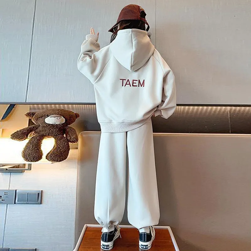 120-170 スポーツ系 裏起毛 秋 冬 子供服 キッズ ジュニア 女の子 ゆったり フード付き パーカー✛パンツ セットアップ