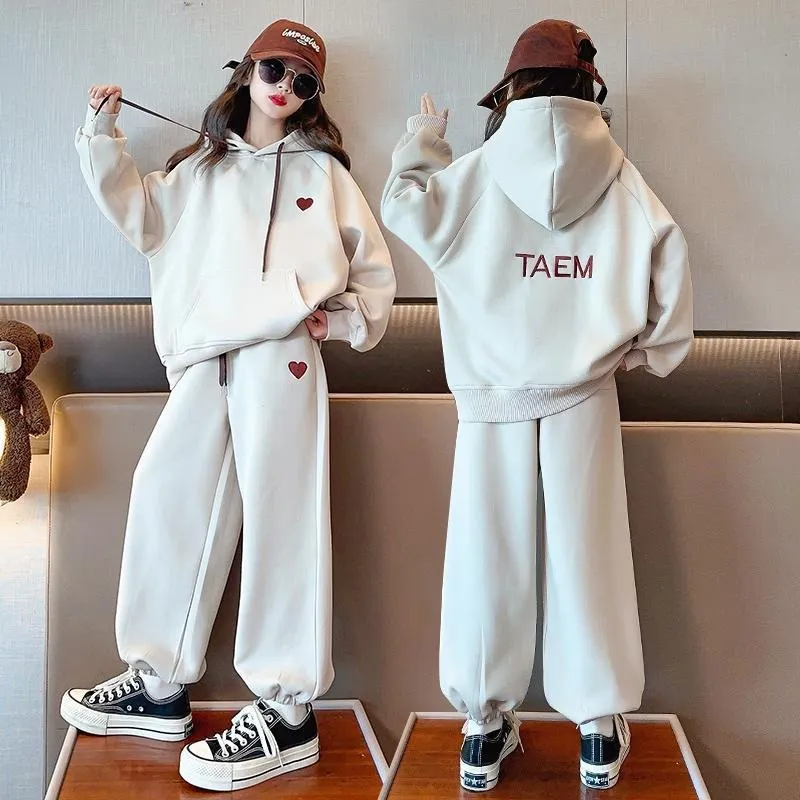 120-170 スポーツ系 裏起毛 秋 冬 子供服 キッズ ジュニア 女の子 ゆったり フード付き パーカー✛パンツ セットアップ