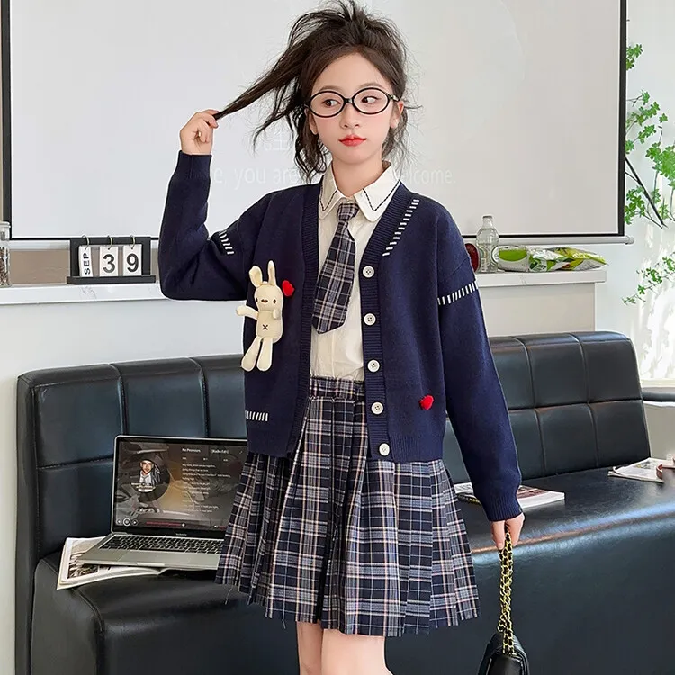 120-170 フォーマル 入学式 卒業式 発表会 スーツセット 春秋 子供服 キッズ ジュニア 女の子 ネクタイ カーディガン/シャツ/チェック柄 プリーツスカート 3点 セットアップ
