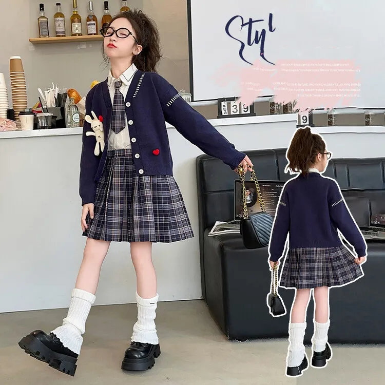120-170 フォーマル 入学式 卒業式 発表会 スーツセット 春秋 子供服 キッズ ジュニア 女の子 ネクタイ カーディガン/シャツ/チェック柄 プリーツスカート 3点 セットアップ