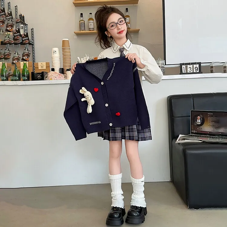 120-170 フォーマル 入学式 卒業式 発表会 スーツセット 春秋 子供服 キッズ ジュニア 女の子 ネクタイ カーディガン/シャツ/チェック柄 プリーツスカート 3点 セットアップ