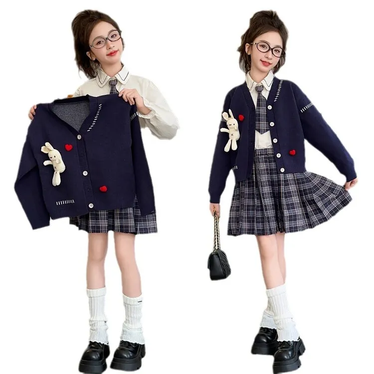 120-170 フォーマル 入学式 卒業式 発表会 スーツセット 春秋 子供服 キッズ ジュニア 女の子 ネクタイ カーディガン/シャツ/チェック柄 プリーツスカート 3点 セットアップ
