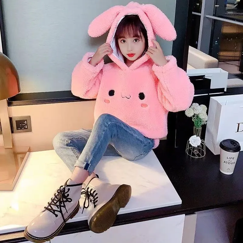 120-160 SNSで話題沸騰 可愛い ラムウール 秋冬 子供服 キッズ ジュニア 女の子 動物耳付き フード付き トップス パーカー