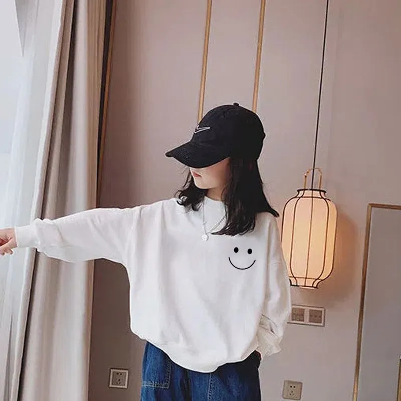 90-160 定番 カジュアル 薄手/裏起毛 春秋冬 子供服 キッズ ジュニア 女の子 笑顔柄 プリント トップス トレーナー スウェット