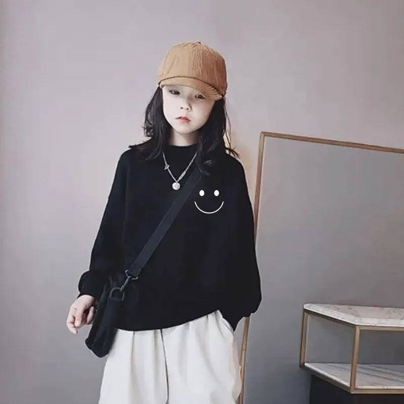 90-160 定番 カジュアル 薄手/裏起毛 春秋冬 子供服 キッズ ジュニア 女の子 笑顔柄 プリント トップス トレーナー スウェット