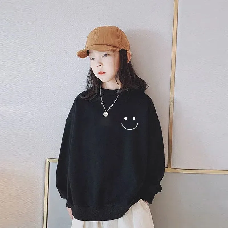 90-160 定番 カジュアル 薄手/裏起毛 春秋冬 子供服 キッズ ジュニア 女の子 笑顔柄 プリント トップス トレーナー スウェット