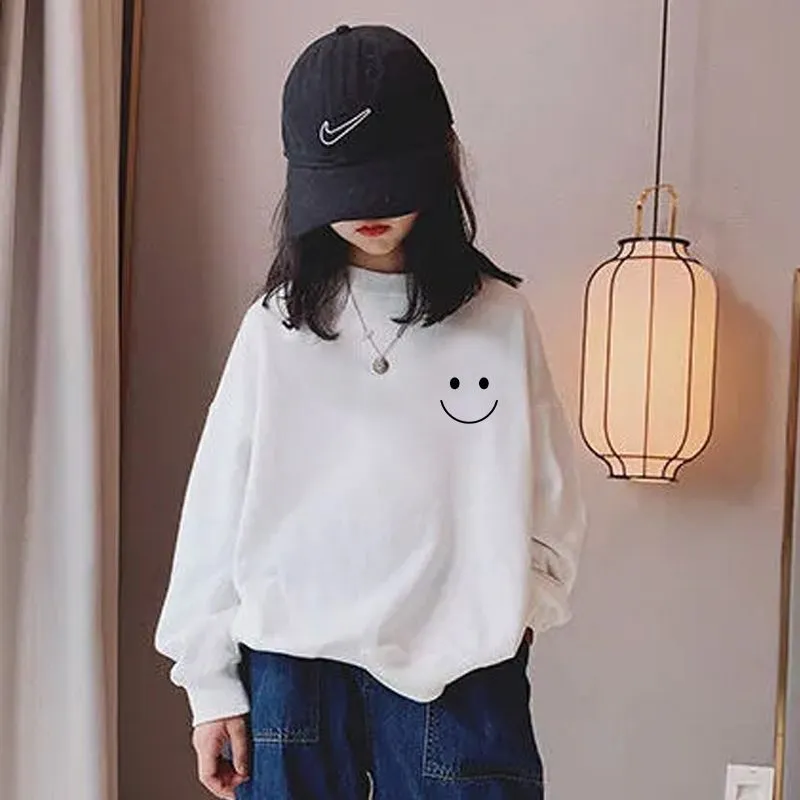 90-160 定番 カジュアル 薄手/裏起毛 春秋冬 子供服 キッズ ジュニア 女の子 笑顔柄 プリント トップス トレーナー スウェット