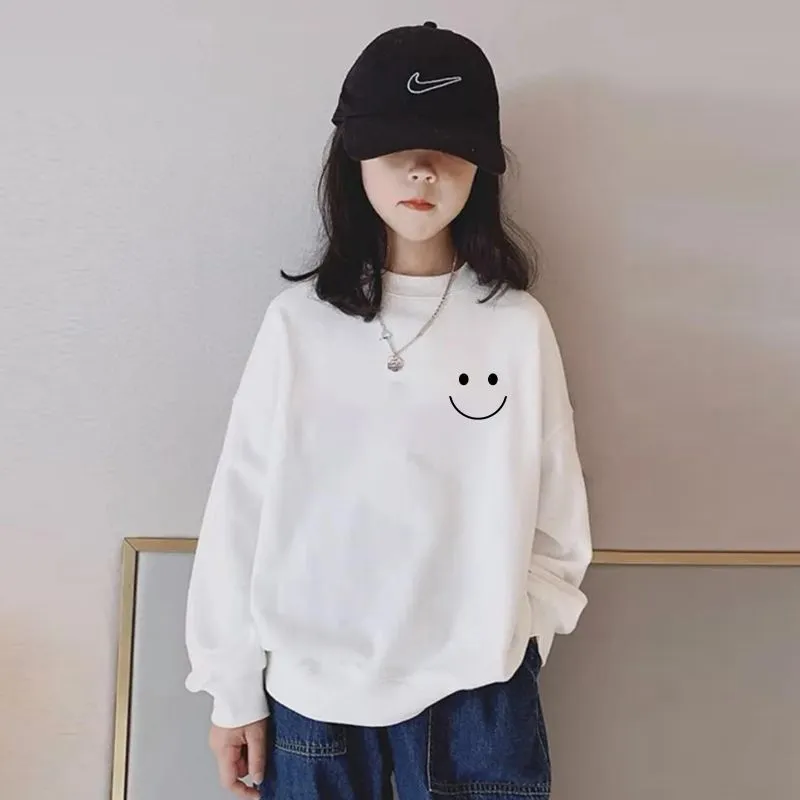 90-160 定番 カジュアル 薄手/裏起毛 春秋冬 子供服 キッズ ジュニア 女の子 笑顔柄 プリント トップス トレーナー スウェット