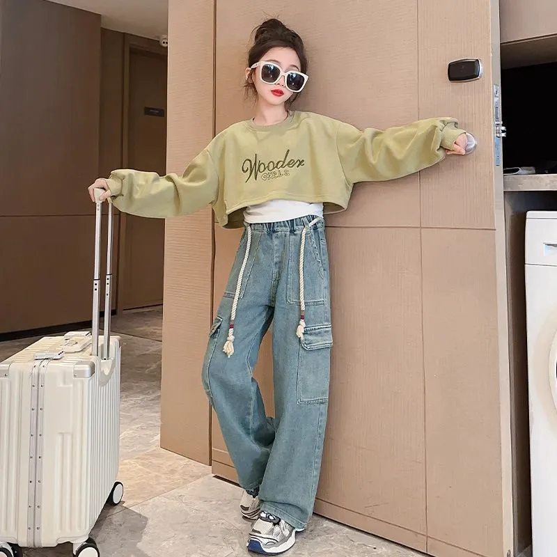 120-170 韓国オシャレ 春 秋 子供服 キッズ ジュニア 女の子 アルファベット 刺繍 重ね着風 トレーナー✛タンクトップ✛ベルト付き デニムパンツ 3点 セットアップ