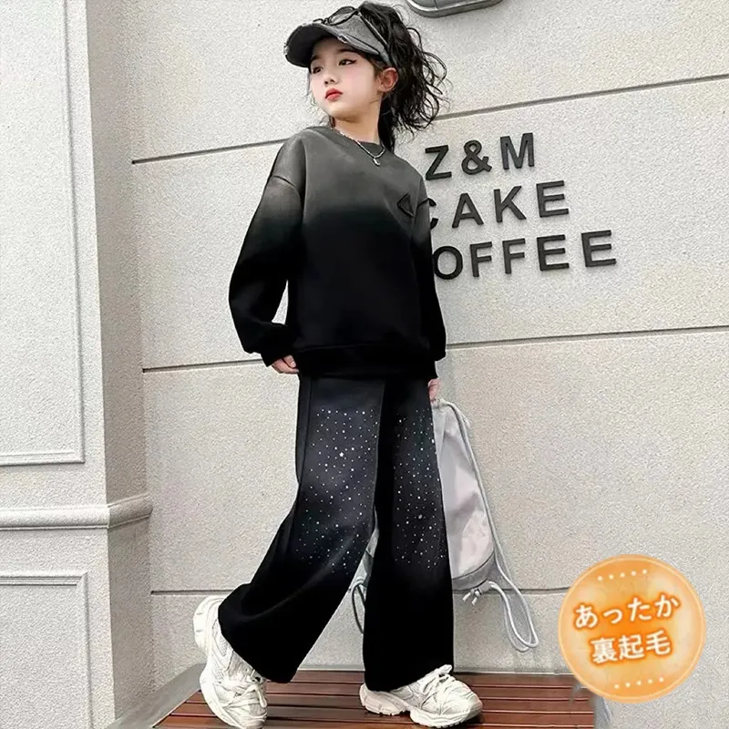 120-170 存在感抜群 スポーツ 裏起毛 秋 冬 子供服 キッズ ジュニア 女の子 グラデーション色 ラインストーン ラメ入り トレーナー✛ワイドパンツ セットアップ