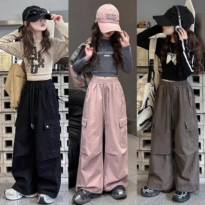 120-170 カジュアル ゆったり 春 秋 子供服 キッズ ジュニア 女の子 無地 ポケット付き ボウタイ ボトムス カーゴパンツ