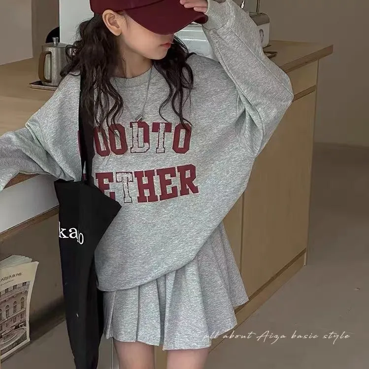 120-170 韓国 春 秋 子供服 キッズ ジュニア 女の子 アルファベット プリント トレーナー✛プリーツスカート セットアップ