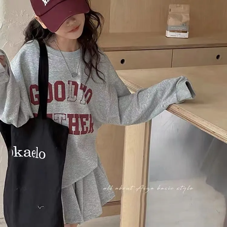120-170 韓国 春 秋 子供服 キッズ ジュニア 女の子 アルファベット プリント トレーナー✛プリーツスカート セットアップ