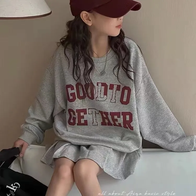 120-170 韓国 春 秋 子供服 キッズ ジュニア 女の子 アルファベット プリント トレーナー✛プリーツスカート セットアップ