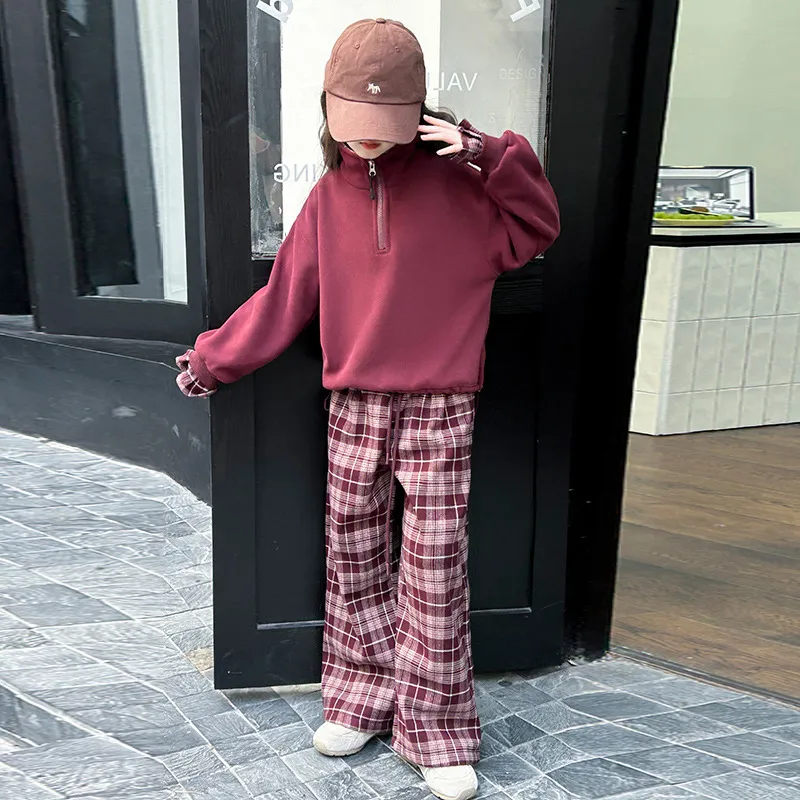 120-170 韓国ファッション 裏起毛 秋 冬 子供服 キッズ ジュニア 女の子 スタンドネック ジッパー チェック柄 切り替え トレーナー/ワイドパンツ セットアップ(単品注文)