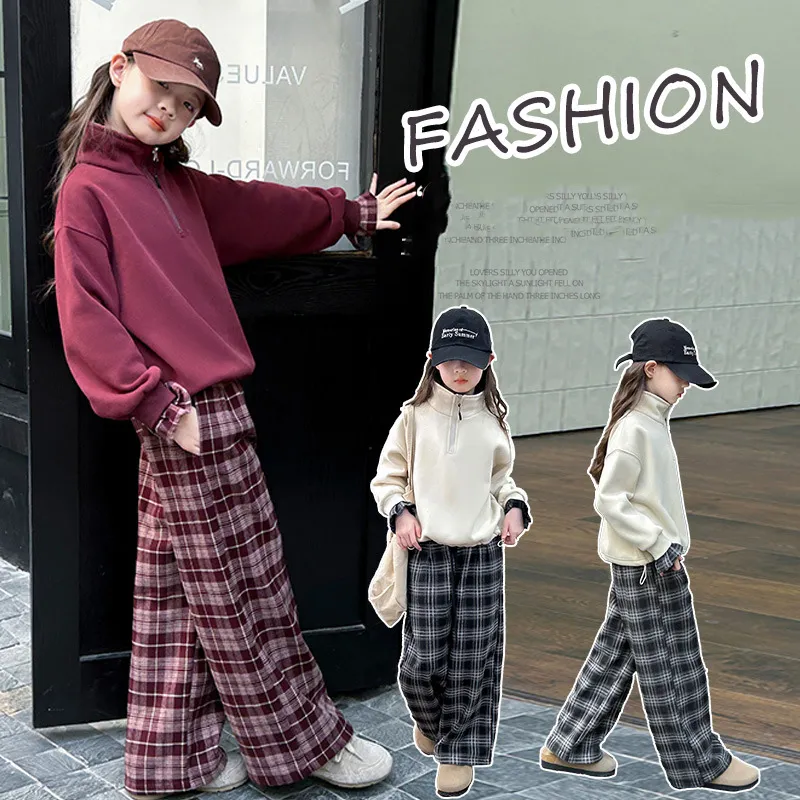 120-170 韓国ファッション 裏起毛 秋 冬 子供服 キッズ ジュニア 女の子 スタンドネック ジッパー チェック柄 切り替え トレーナー/ワイドパンツ セットアップ(単品注文)