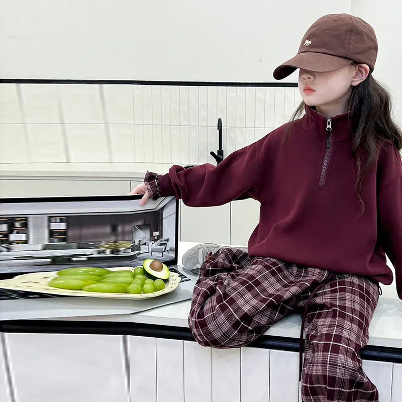 120-170 韓国ファッション 裏起毛 秋 冬 子供服 キッズ ジュニア 女の子 スタンドネック ジッパー チェック柄 切り替え トレーナー/ワイドパンツ セットアップ(単品注文)