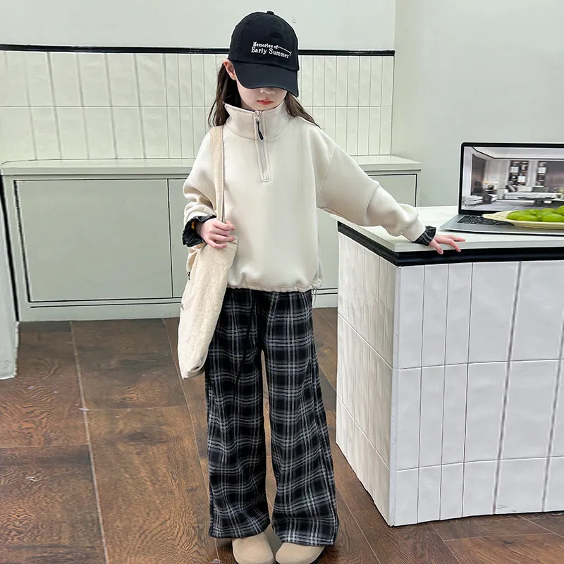 120-170 韓国ファッション 裏起毛 秋 冬 子供服 キッズ ジュニア 女の子 スタンドネック ジッパー チェック柄 切り替え トレーナー/ワイドパンツ セットアップ(単品注文)