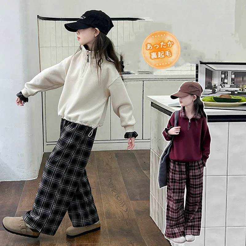 120-170 韓国ファッション 裏起毛 秋 冬 子供服 キッズ ジュニア 女の子 スタンドネック ジッパー チェック柄 切り替え トレーナー/ワイドパンツ セットアップ(単品注文)