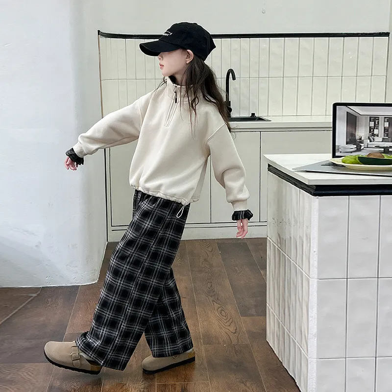120-170 韓国ファッション 裏起毛 秋 冬 子供服 キッズ ジュニア 女の子 スタンドネック ジッパー チェック柄 切り替え トレーナー/ワイドパンツ セットアップ(単品注文)