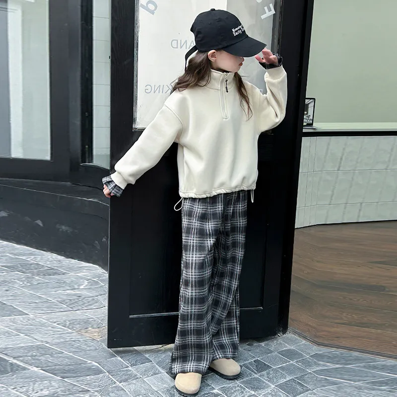 120-170 韓国ファッション 裏起毛 秋 冬 子供服 キッズ ジュニア 女の子 スタンドネック ジッパー チェック柄 切り替え トレーナー/ワイドパンツ セットアップ(単品注文)