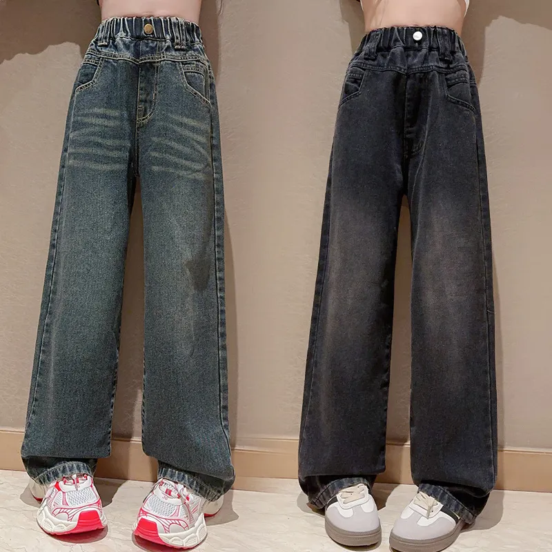 【120-170】オシャレ 無地 デニム ジーンズ 薄手 春秋 冬 裏起毛 子供服 キッズ ジュニア 女の子 ボトムス ワイドパンツ