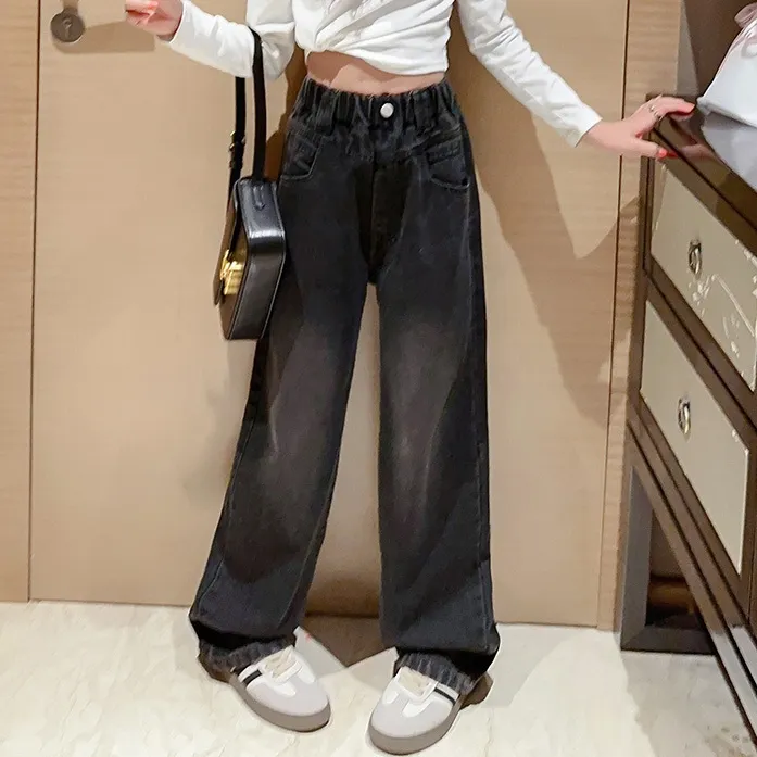 【120-170】オシャレ 無地 デニム ジーンズ 薄手 春秋 冬 裏起毛 子供服 キッズ ジュニア 女の子 ボトムス ワイドパンツ